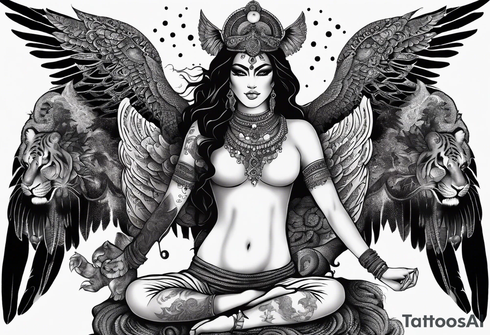 black kali, goddess pirate, alien, angel, pachamama, valkrye, warrior, flying, skull, lotus azul, wing, eagle, zenza resonance, stars, 5D, anahata chakra, death, durga, riding on a tiger, flying lady, kundalini, chest tatoo, samuri, rebel, serpent tattoo idea