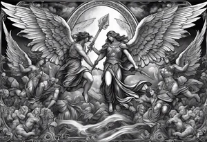 Full back piece depicting the war between angels above and demons below. Make the angels biblically accurate such as seraphim, ophanim, virtues, etc tattoo idea