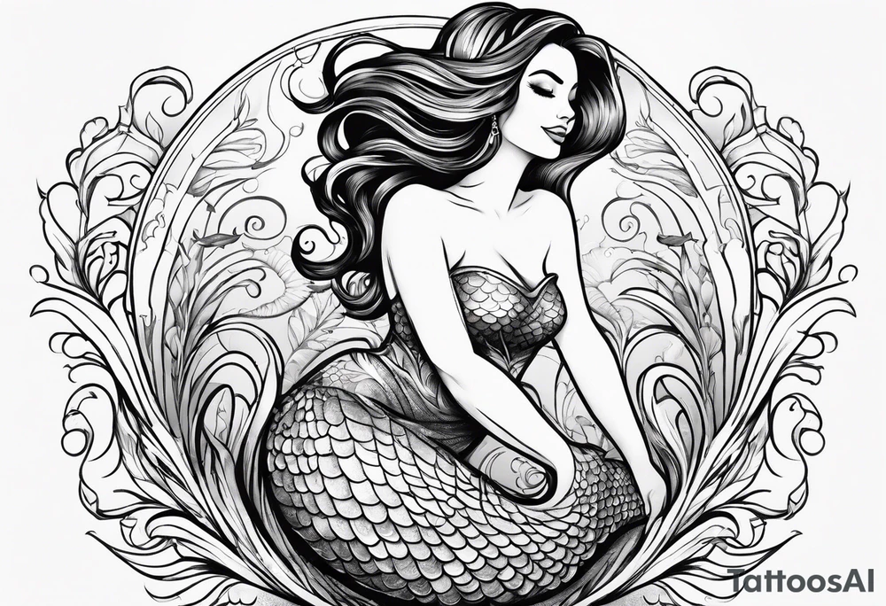 Mermaid full body, curvy, one arm up in the air, smiling tattoo idea