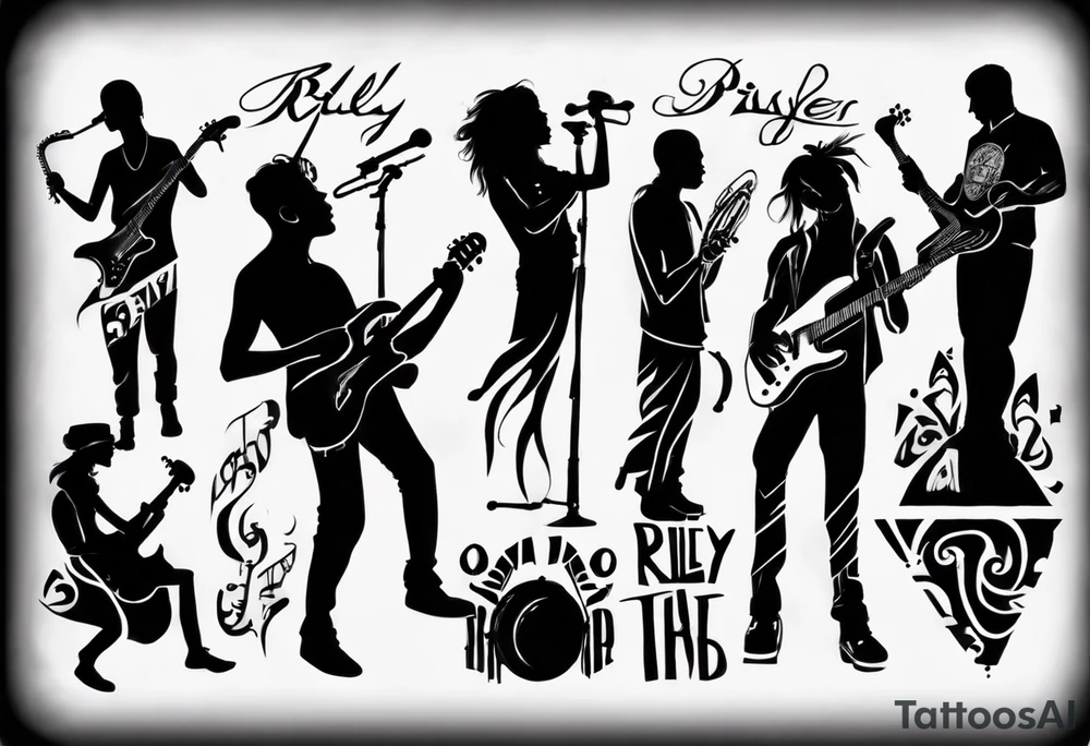 shadows of band members playing instruments. The words Riley and Jasper are formed by the parts of the picture. tattoo idea