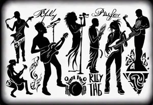 shadows of band members playing instruments. The words Riley and Jasper are formed by the parts of the picture. tattoo idea