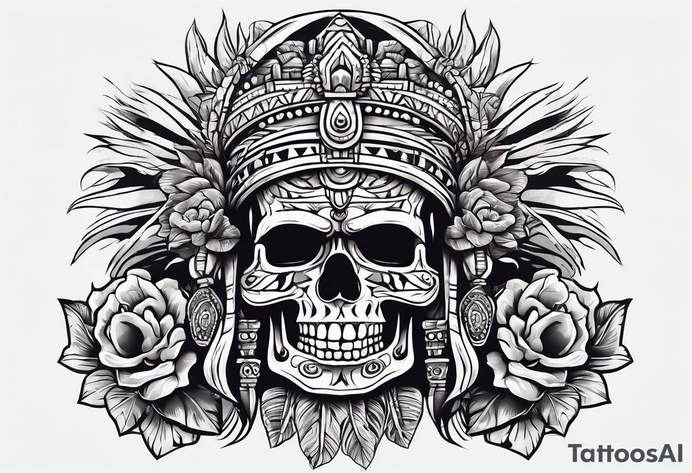 Mayan skull with mouth as cave with water coming out tattoo idea
