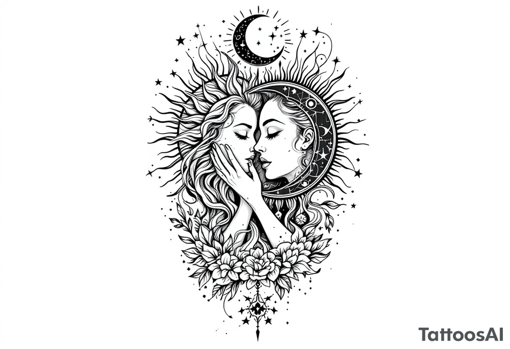 celestial sun and moon embrace with constellation patterns tattoo idea