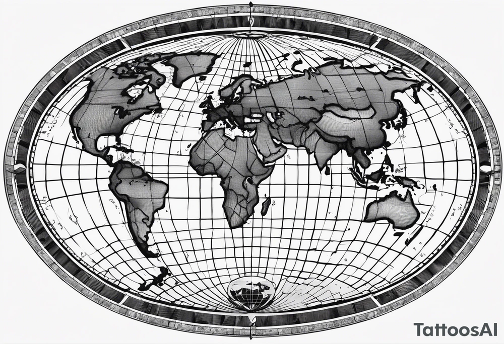 the earth on a flat map with light fading shading placed on a grid with only the lines with accurate depictions of the borders in countries while having it in an oval/circular position on a grid without any borders on the sides tattoo idea