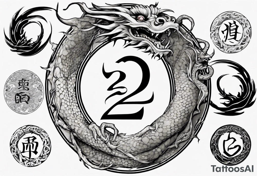 Chinese dragon in a circular shape with "02.03" written on its skin tattoo idea