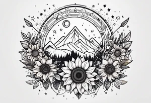 small sunflower surrounded by cosmic stars and arrow tree tattoo idea