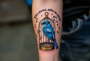 "Kdyz ptacka lapaji, pekne mu zpivaji." — A bluebird in a gilded cage made of musical notes, with the proverb arched in fine black ink above. tattoo idea