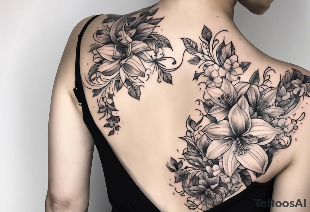 Flower and vine tattoo on upper left back climbing over the shoulder and towards the chest. Flowers should be Lilys, orchids, and dandelions. tattoo idea