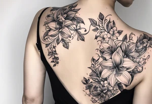 Flower and vine tattoo on upper left back climbing over the shoulder and towards the chest. Flowers should be Lilys, orchids, and dandelions. tattoo idea