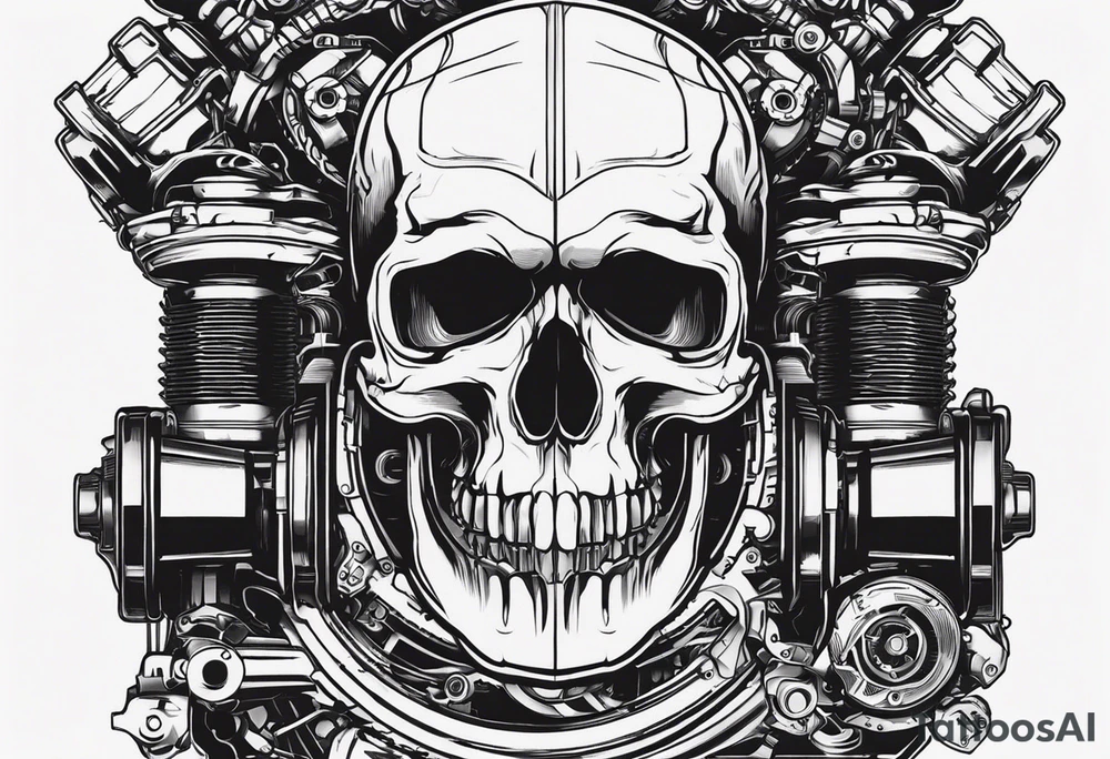 Powerful skull and engine, in this appears a piston and a turbo, also the dseign must be vertical. Also, the desing must be minimalistic not saturated. Remember the vertical proportion of the design tattoo idea