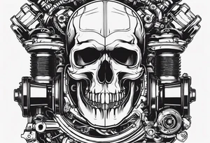 Powerful skull and engine, in this appears a piston and a turbo, also the dseign must be vertical. Also, the desing must be minimalistic not saturated. Remember the vertical proportion of the design tattoo idea