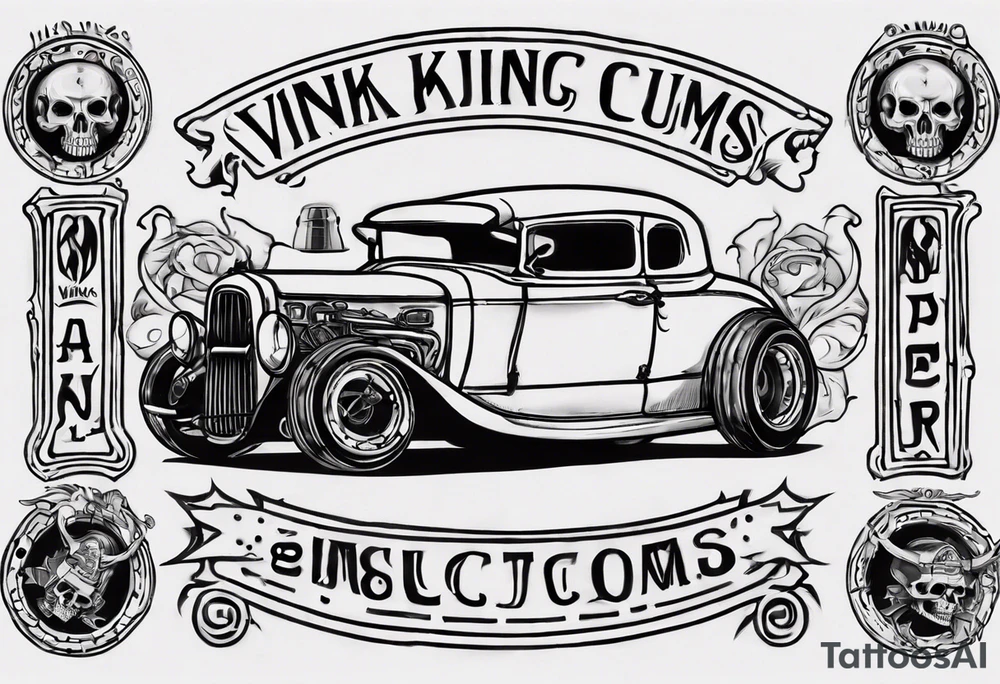 I want a tattoo of an old vintage classic car shop and a skeleton in the back with the name “Viking Customs” incorporated in the design tattoo idea