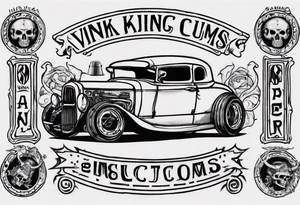 I want a tattoo of an old vintage classic car shop and a skeleton in the back with the name “Viking Customs” incorporated in the design tattoo idea