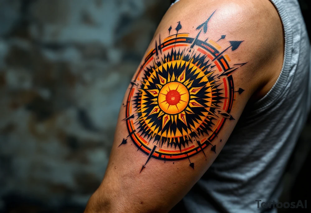 A stylized sun with orange, yellow, and red rays, echoing the Zia symbol of harmony. tattoo idea