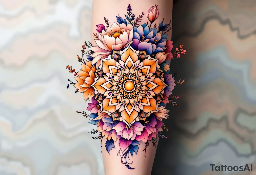 A delicate, intricate mandala surrounded by soft, flowing flowers, symbolizing harmony, balance, and femininity. tattoo idea