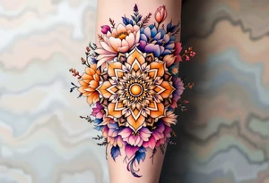 A delicate, intricate mandala surrounded by soft, flowing flowers, symbolizing harmony, balance, and femininity. tattoo idea