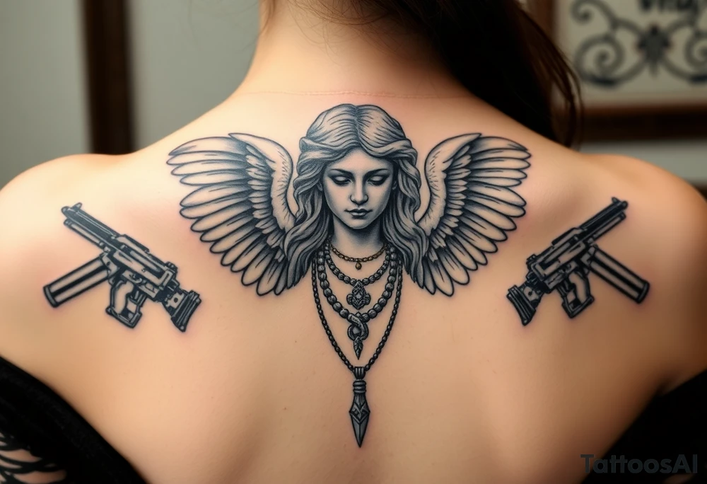 old angel statue in criminal style, tattooed and at the same time contemporary, weapons in hand, gangster-style gold necklaces tattoo idea