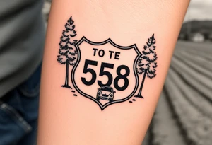 small State Route sign 558, with trees all around and a farm in background, road with a car scenic tattoo idea