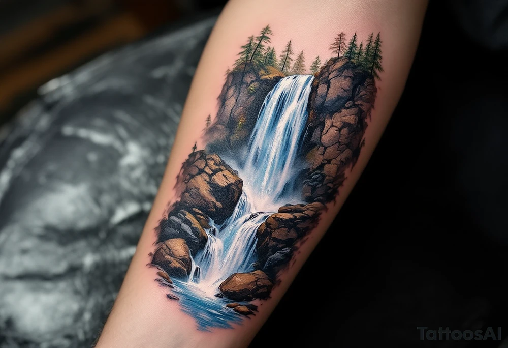 A realistic waterfall cascading down the forearm, flowing in crystal blue, white mist, and earthy browns, giving an ethereal look. tattoo idea