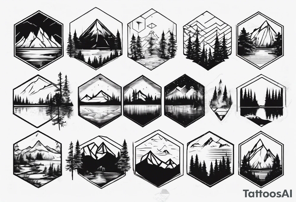 Mountain, coniferous forest and lake in a hexagonal shape tattoo idea Mountain, coniferous forest and lake in a hexagonal shape tattoo idea