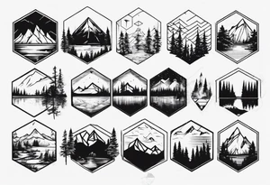 Mountain, coniferous forest and lake in a hexagonal shape tattoo idea