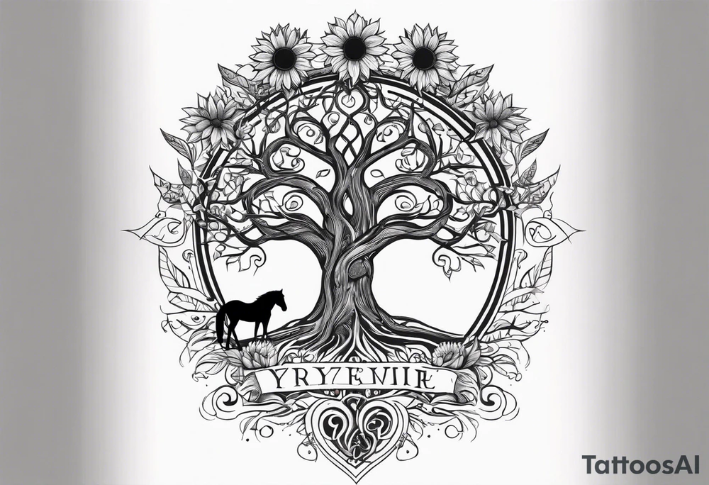 Yggdrasil tree, horse, sunflower tattoo idea