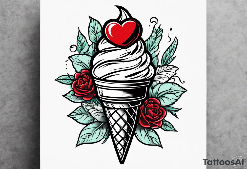 mint chocolate chip ice cream cone with small red heart on it somewhere. tattoo idea