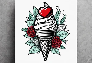 mint chocolate chip ice cream cone with small red heart on it somewhere. tattoo idea