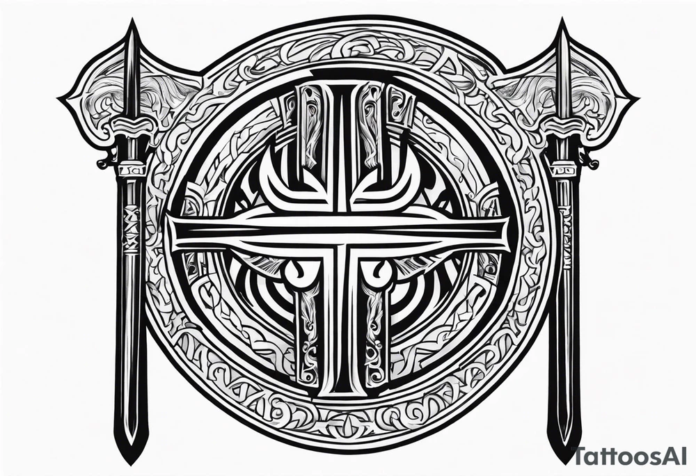 Valhalla round shield fire sword tattoo idea
