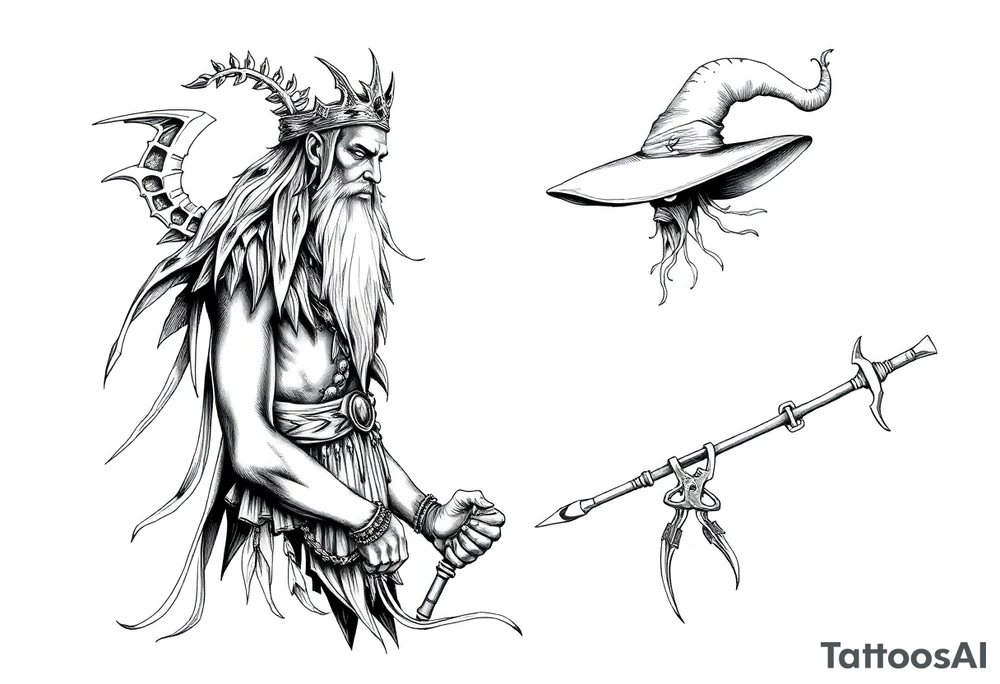 long shaman and witch abstracstyle mytical with ancient rhyme tattoo idea