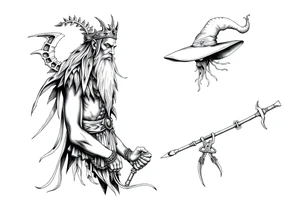 long shaman and witch abstracstyle mytical with ancient rhyme tattoo idea