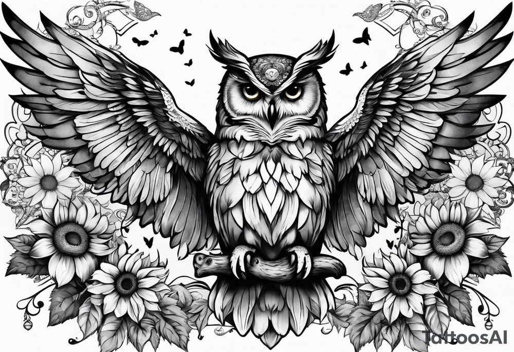 Owl with angel wings surrounded by sunflowers and butterflies sleeve tattoo idea