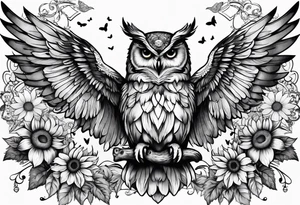 Owl with angel wings surrounded by sunflowers and butterflies sleeve tattoo idea