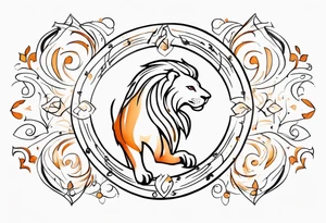 A tattoo in delicate style, so gentle. The symbol zodiac sign, Leo. The sketch should include fire, something delicate like that, and the numbers 7 and 8. Without a lion. tattoo idea