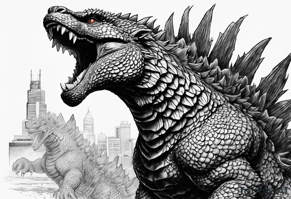 godzilla,full body, roaring tattoo idea