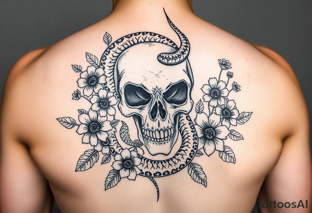 Feminine skull with snake wrapped around and surrounded by wildflowers and hearts in heavy black work neo traditional style tattoo idea