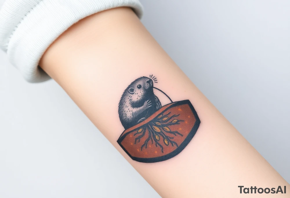 A mole depicted in underground tunnel in a cross-section with dark brown soil, golden roots, and hidden gems sparkling in the earth tattoo idea