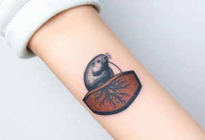 A mole depicted in underground tunnel in a cross-section with dark brown soil, golden roots, and hidden gems sparkling in the earth tattoo idea