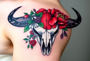 Buffalo or bison skull with flowers. Red Peony, snowdrop, green holly with red berries, purple larkspur,  red peony. Colour. For upper arm or shoulder. Masculin. tattoo idea