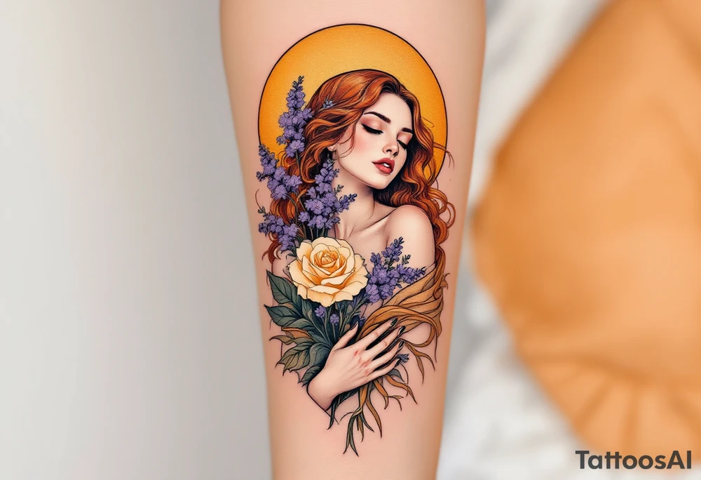 Alfons Mucha’s art nouveau muse holding a bouquet of lavender and cream flowers, set against a warm amber background. tattoo idea
