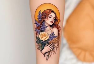 Alfons Mucha’s art nouveau muse holding a bouquet of lavender and cream flowers, set against a warm amber background. tattoo idea