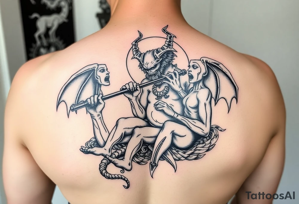 Azathoth being killed to sleep by the old gods playing demonic flutes tattoo idea