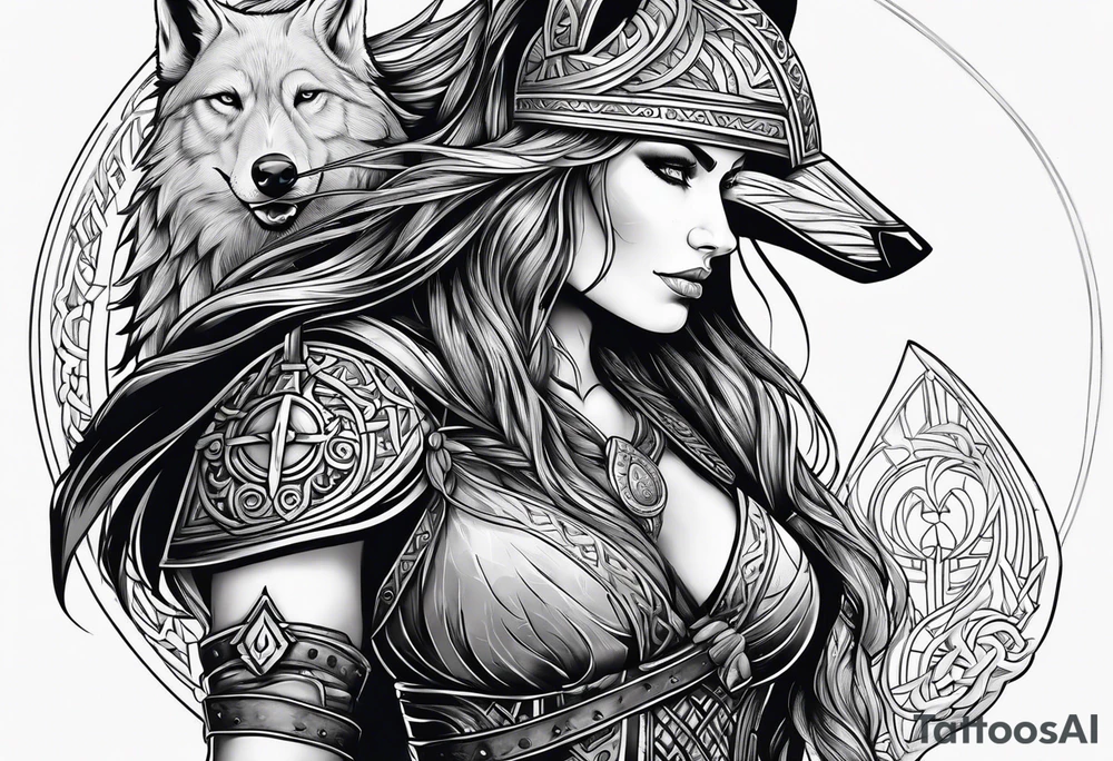 viking woman warrior wolf crow axe tattoo idea