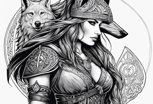 viking woman warrior wolf crow axe tattoo idea