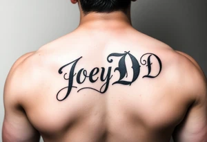 The words Joey D written with a large scale fancy J at the start tattoo idea