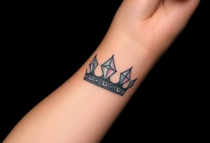 A crown with diamond details on the points, set against a dark velvet background, with the diamonds reflecting soft pastel hues of pink and purple, symbolizing royalty and luxury tattoo idea
