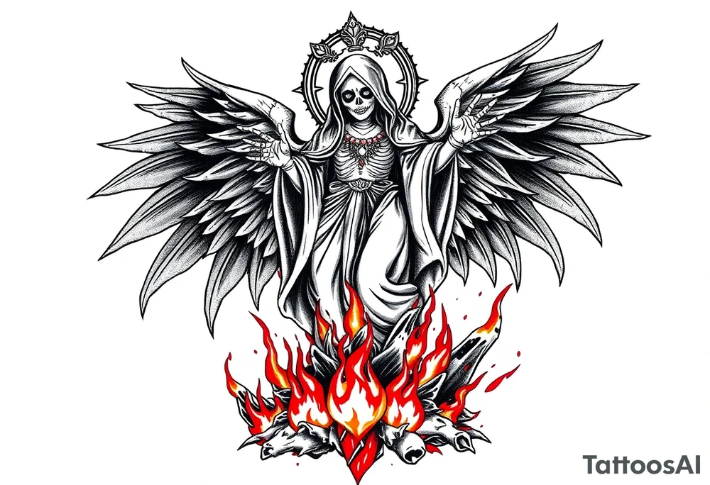 Magnificent Santa muerte rising out of the ashes of hell to claim a soul tattoo idea