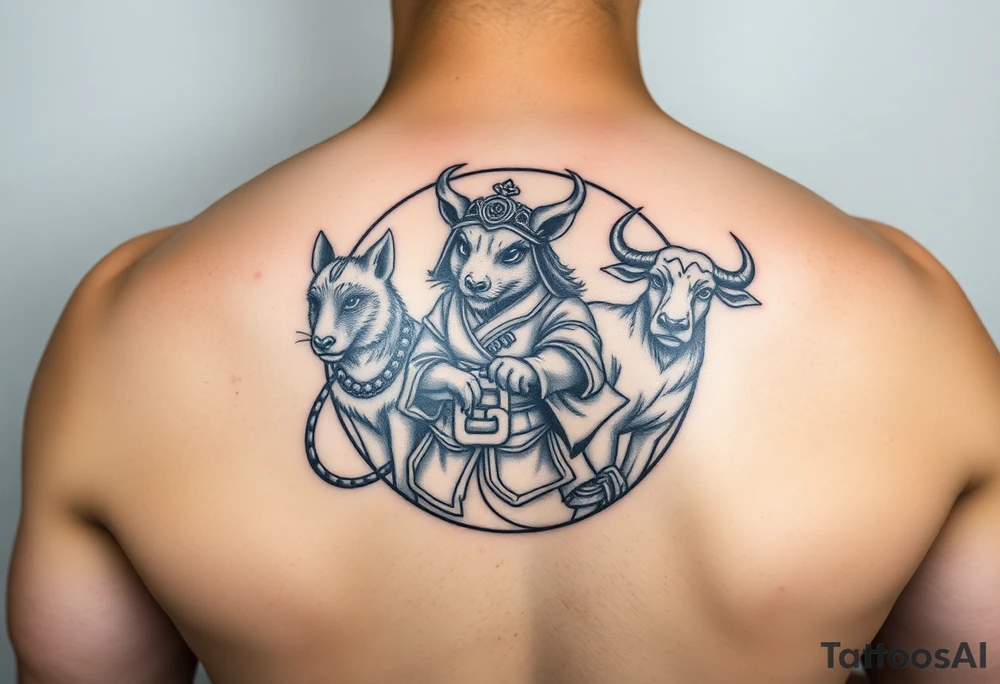 Japanese style tattoo consisting zodiac animals: rat(in the middle) dressed up samurai warrior style with with dog, goat, and ox surrounding the rat dressed up Samurai warrior style all fitting into a round shape without circle outline tattoo idea
