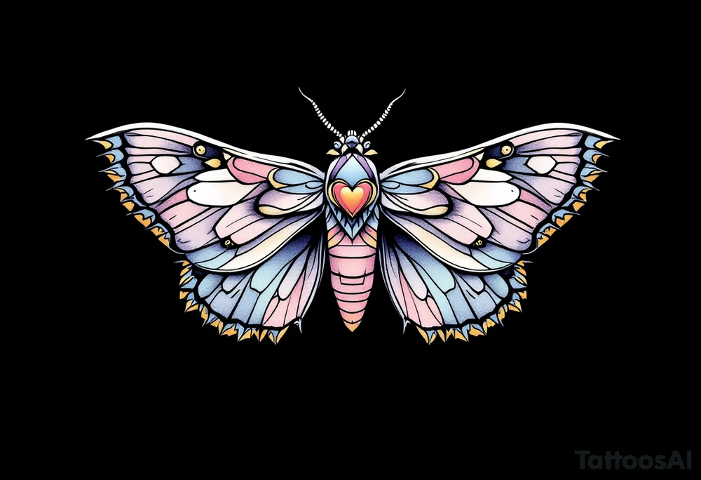 A delicate moth with intricately patterned wings, adorned with soft pastel hues of lavender, pale pink, and light blue. The wings are outlined in fine black ink to accentuate the details, with small golden accents at the tips of the wings, symbolizing enlightenment and transformation. In the center of the moth’s body, a small heart-shaped symbol is subtly integrated, representing love. tattoo idea