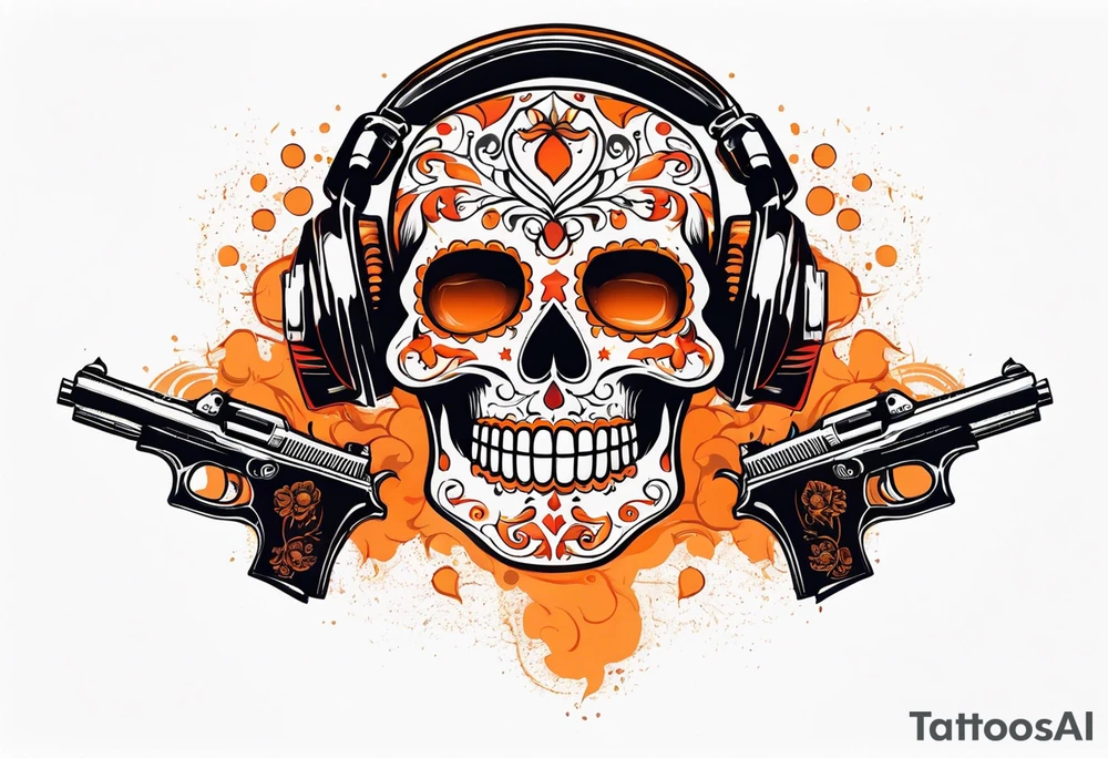 Orange Sugar skull with guns that are orange and red with smoke around it tattoo idea